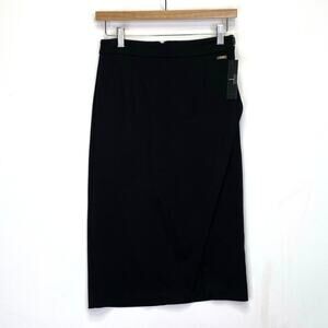 TAHARI Faux Wrap Midi Pencil Skirt Womens Size 2 Black Stretch Business Dressy